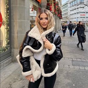 NWT Zara faux leather fleece collar jacket